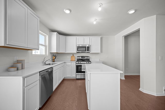 kitchen with appliances with stainless steel finishes, light countertops, dark wood-type flooring, and a sink