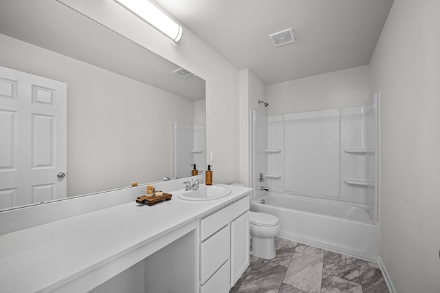 full bathroom with vanity, visible vents, toilet, marble finish floor, and shower / bathtub combination