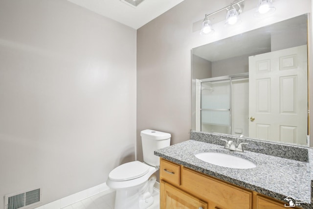 full bath with a stall shower, baseboards, visible vents, toilet, and vanity