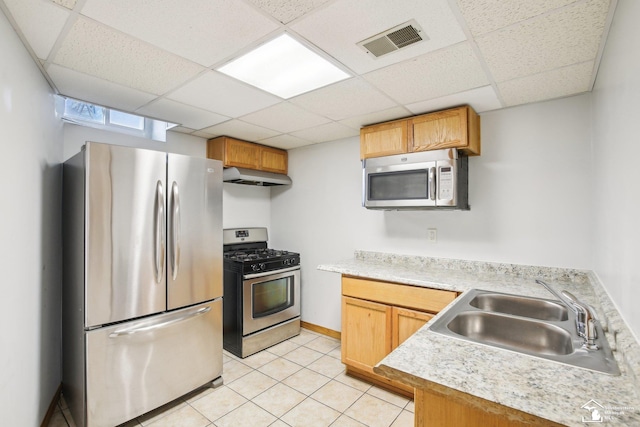 kitchen with stainless steel appliances, light countertops, visible vents, a sink, and under cabinet range hood