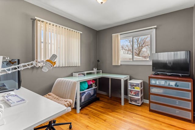 office featuring baseboards and wood finished floors