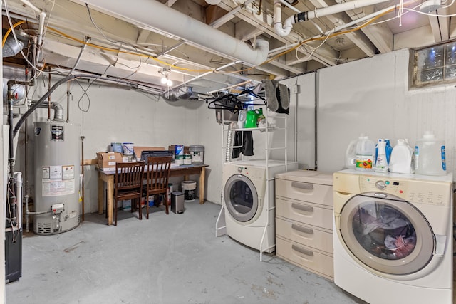 laundry area with laundry area, water heater, and washer and clothes dryer