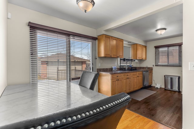 kitchen featuring dishwasher, dark countertops, a sink, and dark wood-style floors