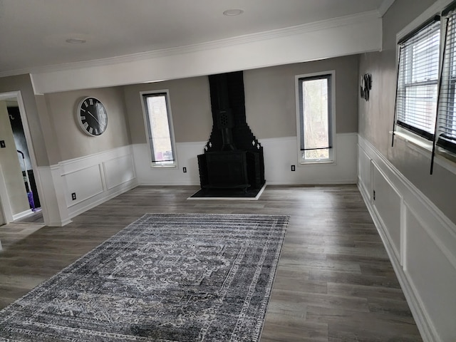 unfurnished living room featuring a wainscoted wall, a wood stove, dark wood-style floors, and a wealth of natural light