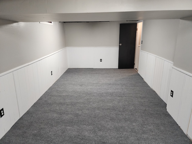 finished below grade area with a wainscoted wall and carpet flooring