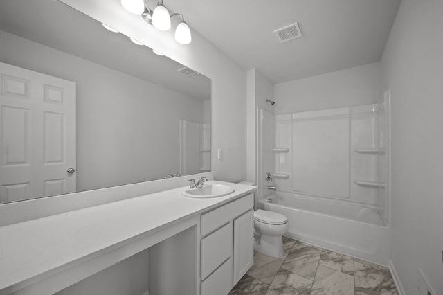 full bathroom with visible vents, toilet, marble finish floor, vanity, and  shower combination