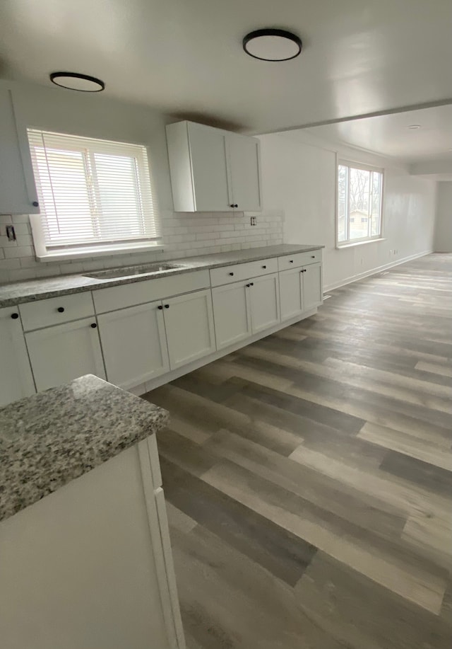 kitchen with light stone countertops, wood finished floors, a sink, white cabinets, and backsplash