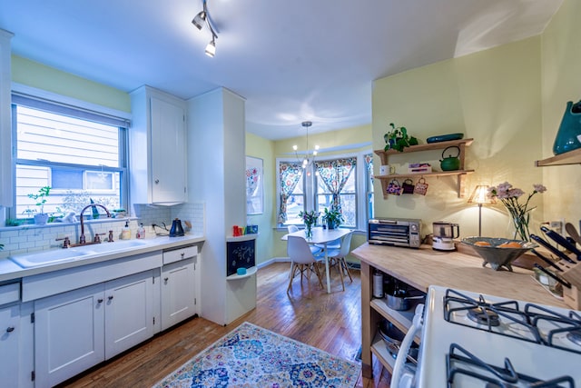 kitchen with tasteful backsplash, light countertops, a sink, and open shelves