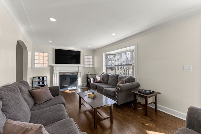 living area featuring dark wood-style floors, a fireplace, plenty of natural light, and crown molding