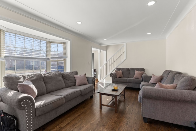 living room with stairway, dark wood-type flooring, and recessed lighting