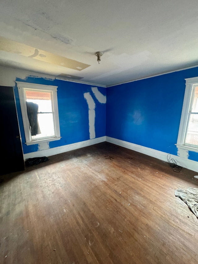 spare room featuring baseboards, plenty of natural light, and hardwood / wood-style floors