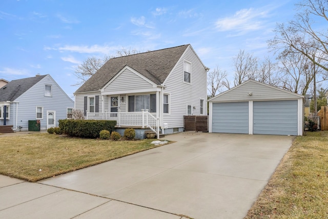 view of front of property featuring a garage, a shingled roof, an outdoor structure, a porch, and a front yard