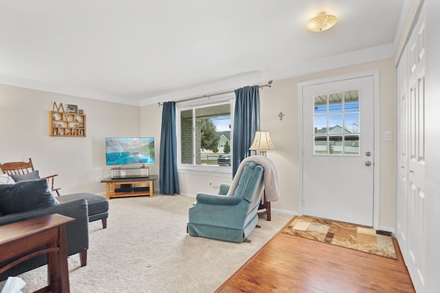 living area featuring plenty of natural light, light colored carpet, light wood-style flooring, and baseboards