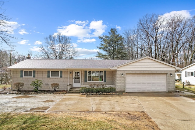 single story home featuring a garage, a shingled roof, concrete driveway, a chimney, and brick siding