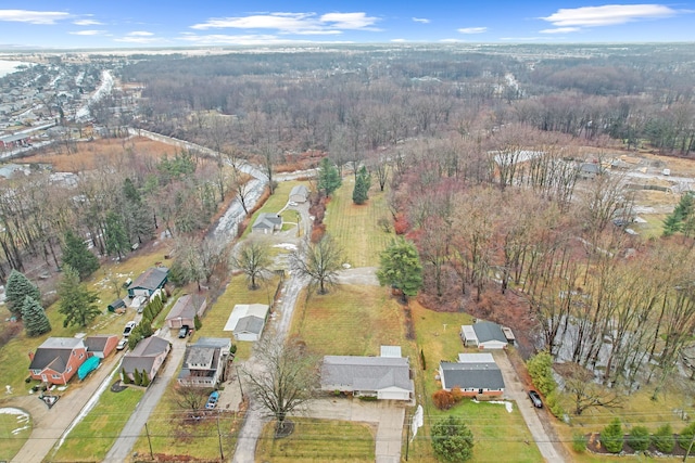 drone / aerial view featuring a view of trees