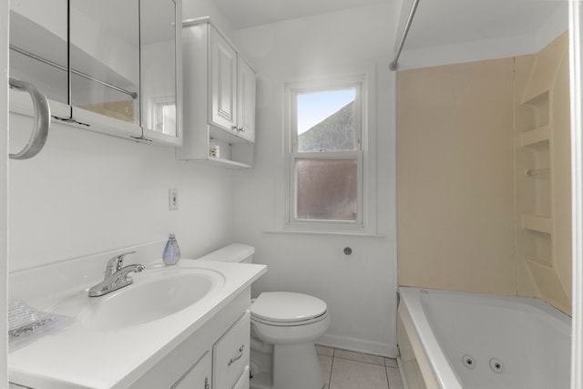 bathroom featuring tile patterned floors, toilet, vanity, and a combined bath / shower with jetted tub