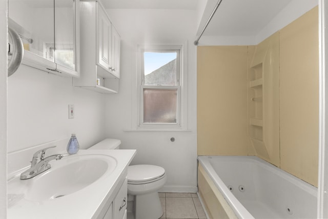 full bath with tile patterned floors, toilet, vanity, and a combined bath / shower with jetted tub