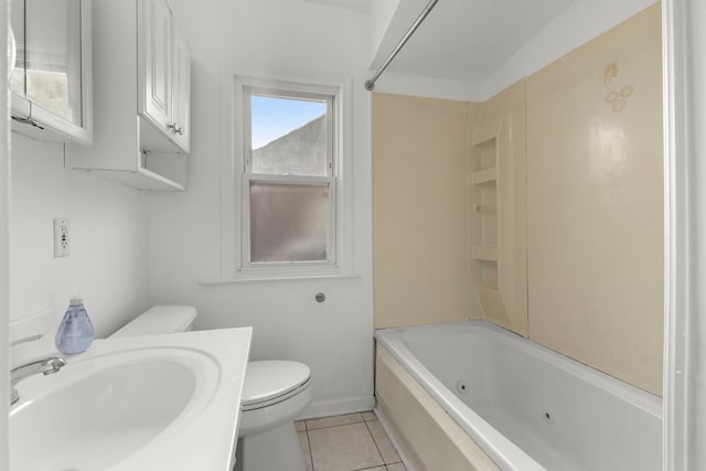 full bathroom with vanity, tile patterned floors, toilet, and a combined bath / shower with jetted tub