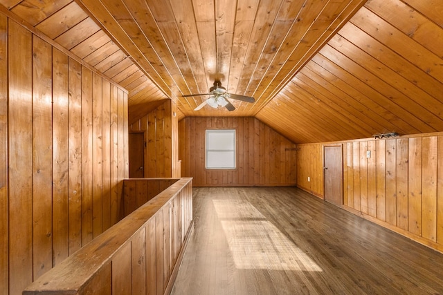 additional living space with a ceiling fan, wood finished floors, vaulted ceiling, wood ceiling, and wood walls