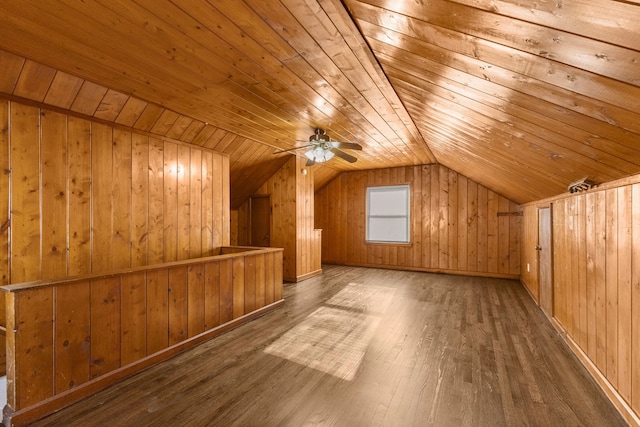 additional living space with a ceiling fan, wood finished floors, wooden walls, wooden ceiling, and lofted ceiling