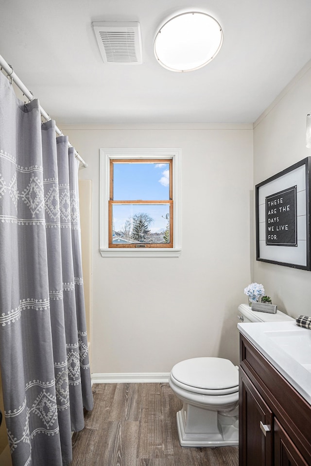 bathroom with vanity, wood finished floors, visible vents, baseboards, and toilet