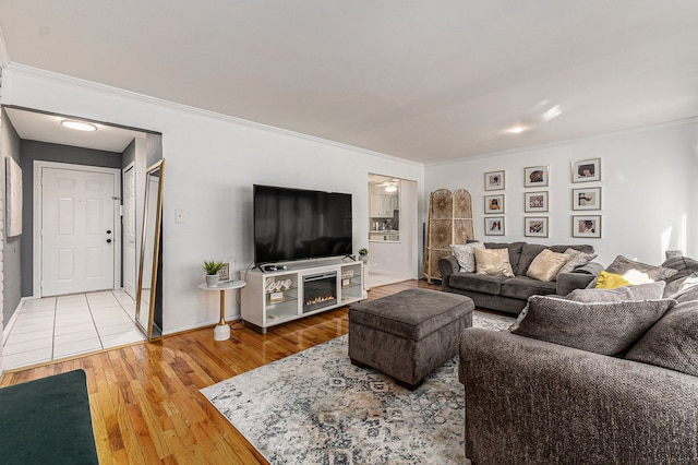 living area featuring ornamental molding, wood finished floors, and baseboards