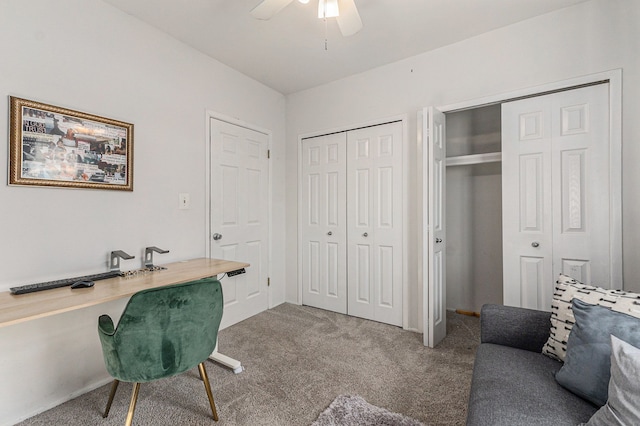 office featuring carpet flooring and ceiling fan