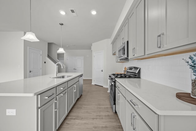 kitchen with stainless steel appliances, a sink, light wood-type flooring, visible vents, and backsplash