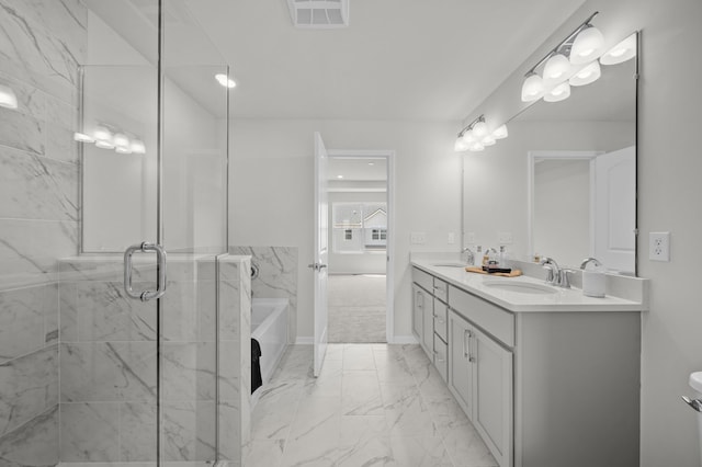 full bathroom with a bath, a sink, a stall shower, visible vents, and marble finish floor