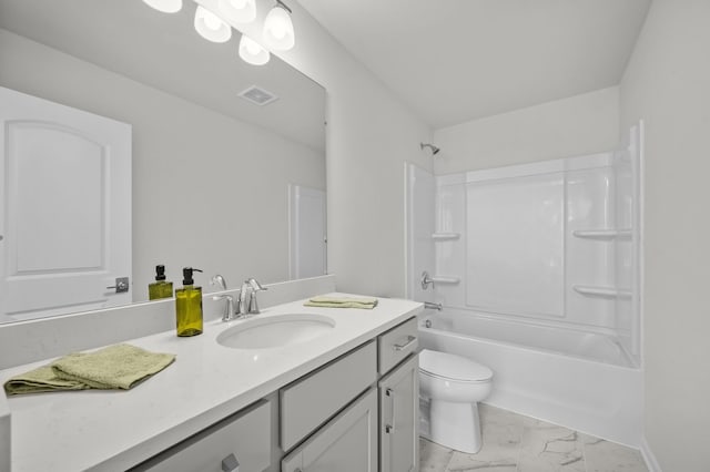 full bath featuring toilet, bathtub / shower combination, visible vents, marble finish floor, and vanity