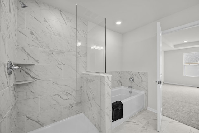 full bath with a garden tub, marble finish floor, recessed lighting, and a marble finish shower
