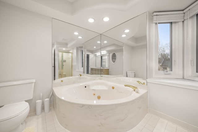 full bathroom with a stall shower, tile patterned flooring, toilet, and a jetted tub