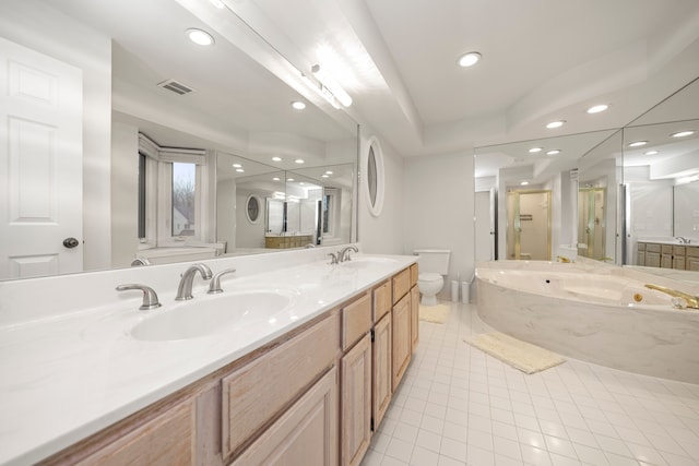 full bath with toilet, a sink, visible vents, a bath, and a stall shower