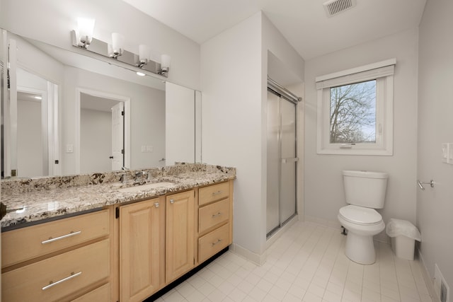 bathroom with visible vents, baseboards, toilet, vanity, and a shower stall