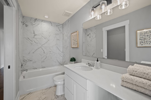 bathroom featuring visible vents, toilet, marble finish floor, tub / shower combination, and vanity