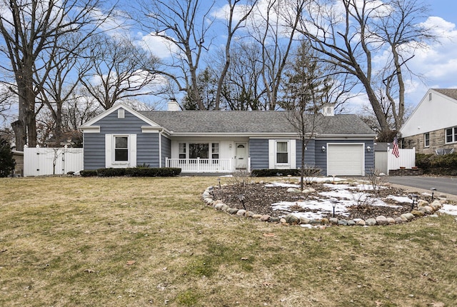 ranch-style home with aphalt driveway, an attached garage, covered porch, fence, and a chimney