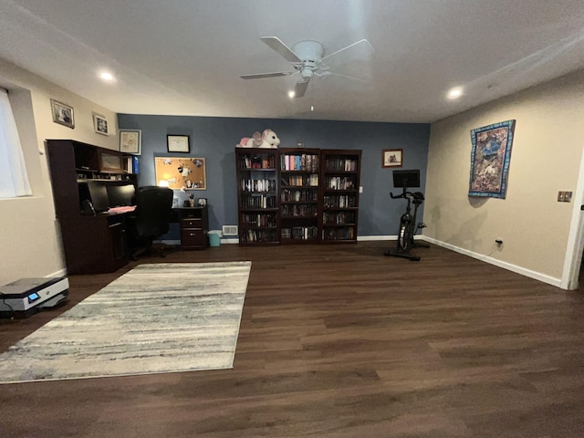 office area featuring ceiling fan, baseboards, wood finished floors, and recessed lighting