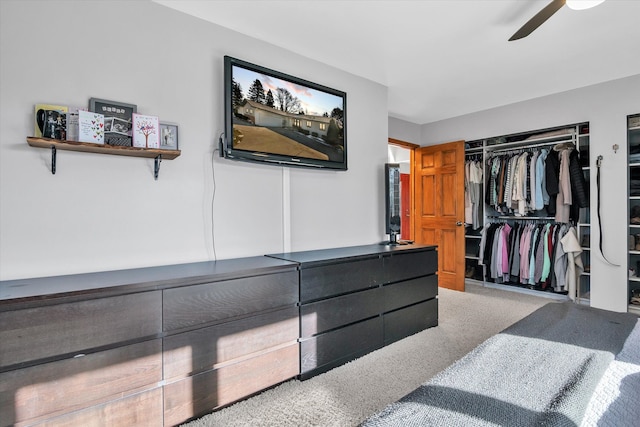 bedroom with ceiling fan, a closet, and carpet