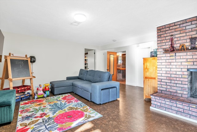 living area featuring a fireplace