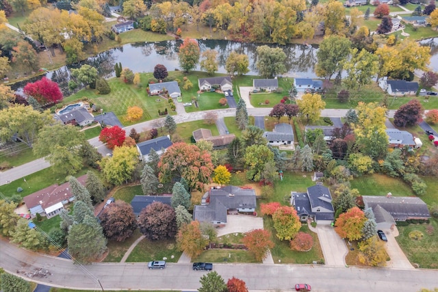 aerial view featuring a water view and a residential view