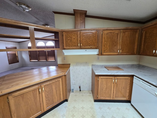 kitchen with lofted ceiling, a textured ceiling, light floors, dishwasher, and open shelves