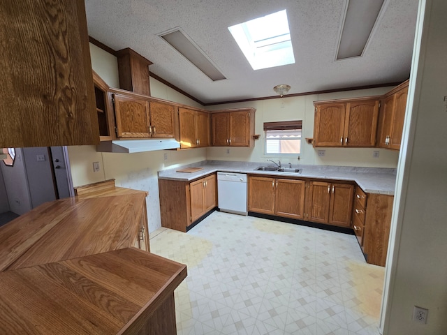 kitchen with white dishwasher, open shelves, a sink, light floors, and brown cabinetry