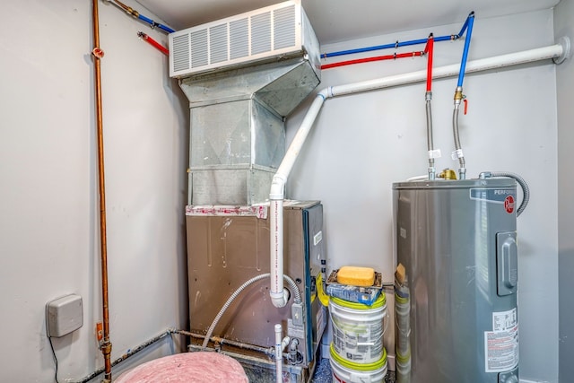 utility room featuring electric water heater and heating unit