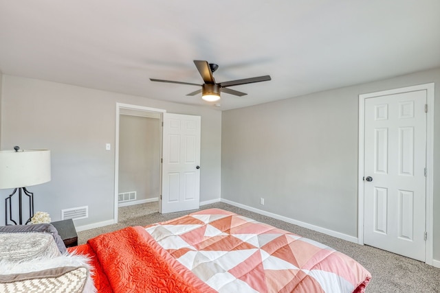 bedroom featuring a ceiling fan, carpet, visible vents, and baseboards