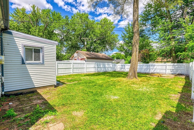 view of yard with an outbuilding and a fenced backyard