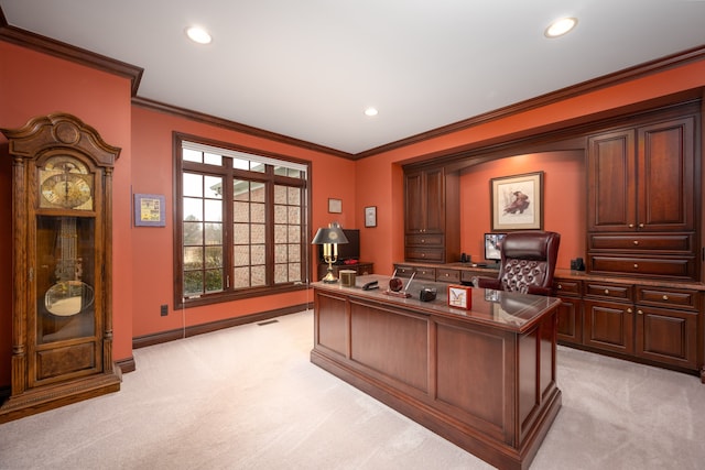 office area featuring light carpet, recessed lighting, and crown molding