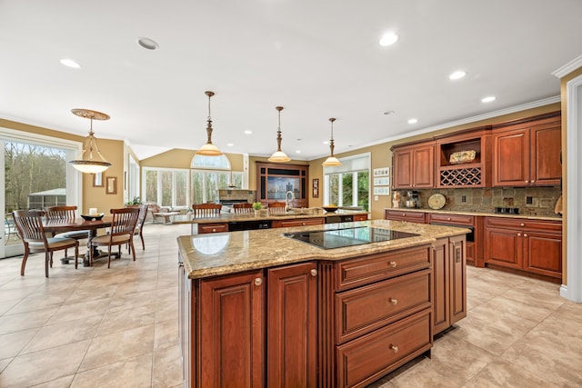 kitchen with tasteful backsplash, a large island, ornamental molding, black appliances, and open shelves