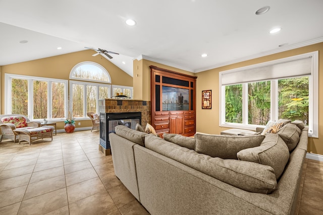 tiled living room with lofted ceiling, crown molding, a multi sided fireplace, and recessed lighting