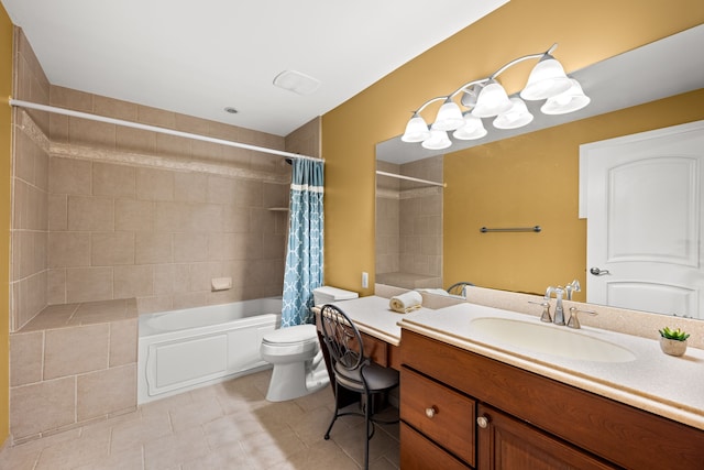 full bathroom with shower / tub combo, tile patterned flooring, vanity, and toilet