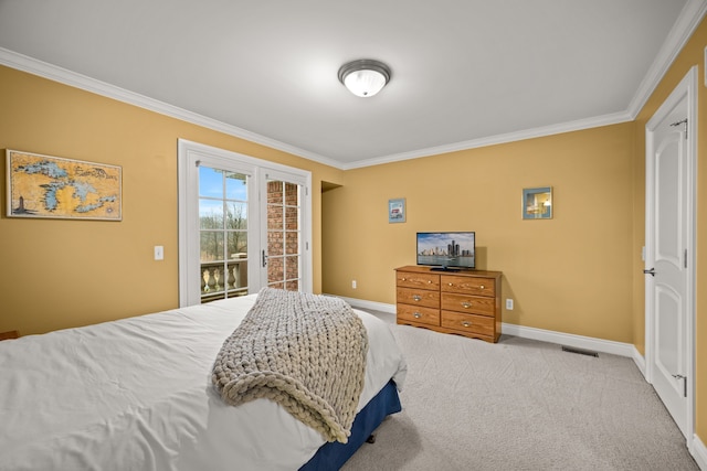 carpeted bedroom featuring access to outside, crown molding, and baseboards